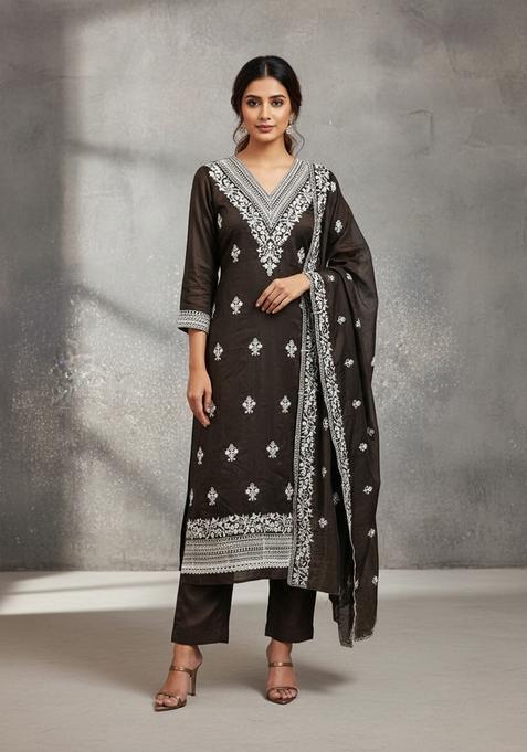 Brown Embroidery Cotton Salwar Kameez