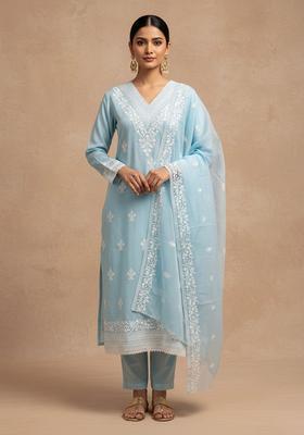 Sky Blue Embroidery Cotton Salwar Kameez