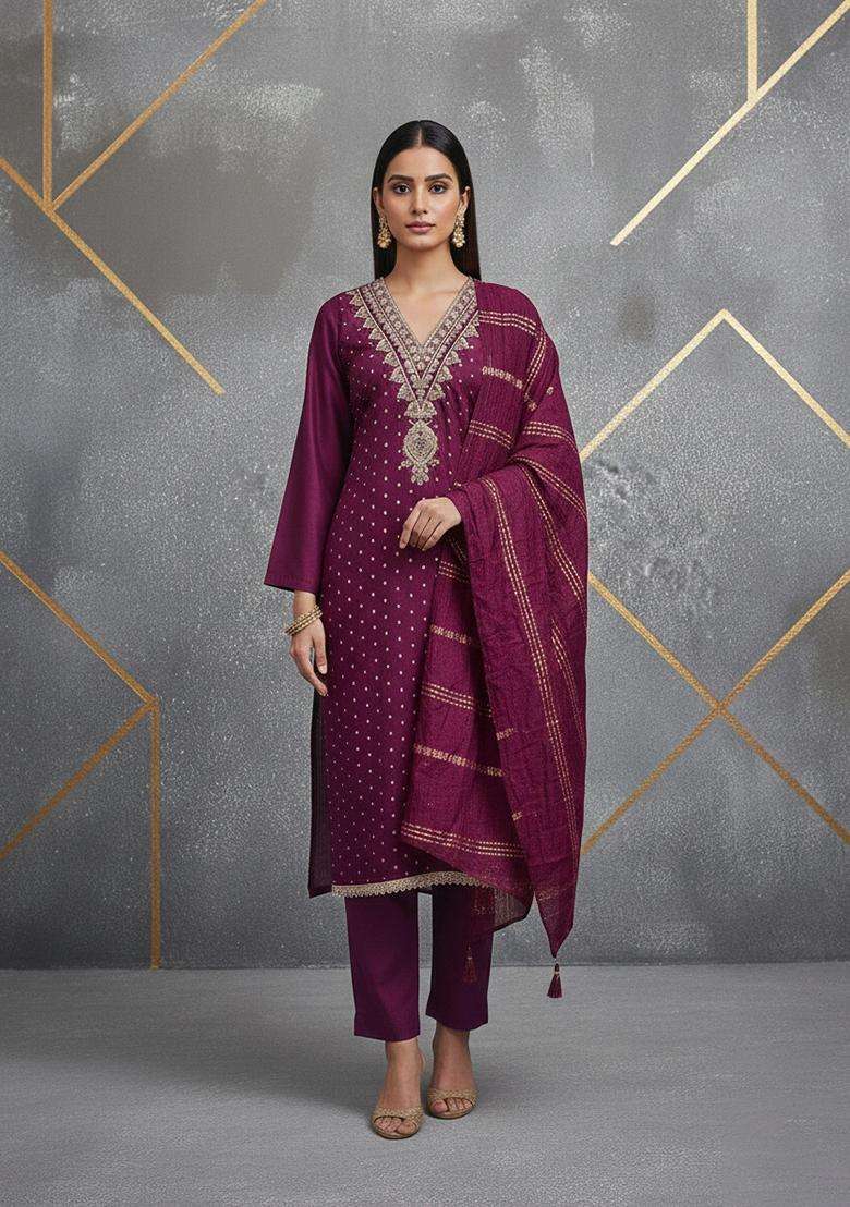 Purple Embroidery Chanderi Salwar Kameez - Indya