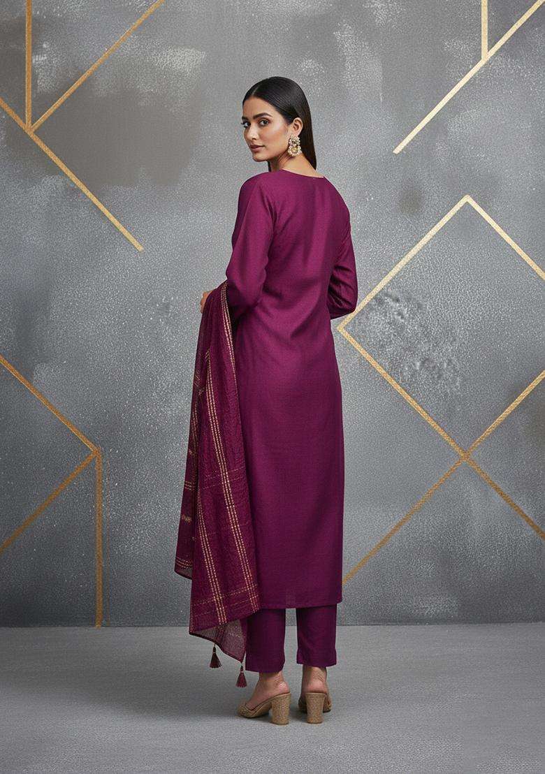 Purple Embroidery Chanderi Salwar Kameez - Indya
