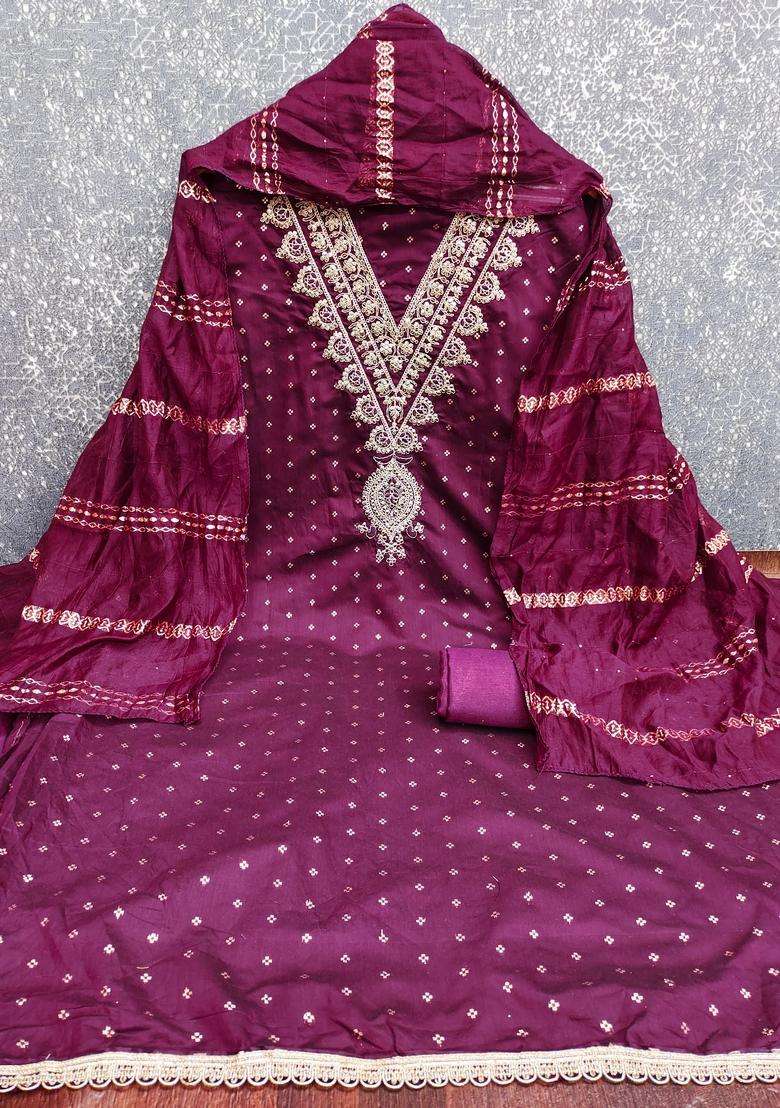 Purple Embroidery Chanderi Salwar Kameez - Indya