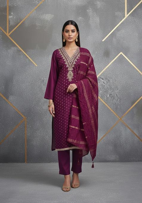 Purple Embroidery Chanderi Salwar Kameez