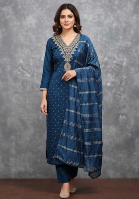Teal Blue Embroidery Chanderi Salwar Kameez