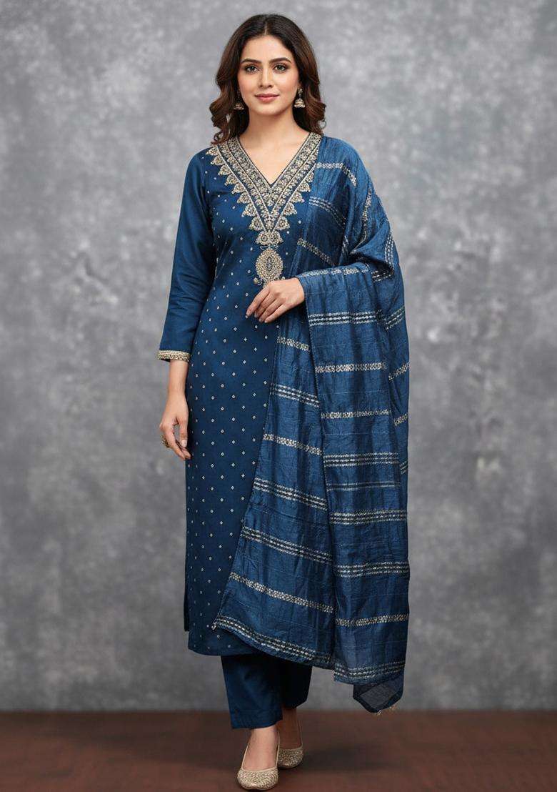 Teal Blue Embroidery Chanderi Salwar Kameez - Indya