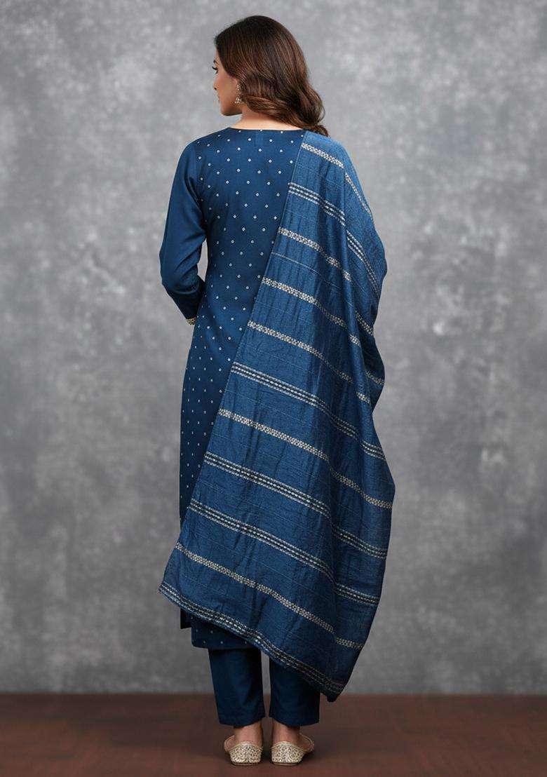 Teal Blue Embroidery Chanderi Salwar Kameez - Indya