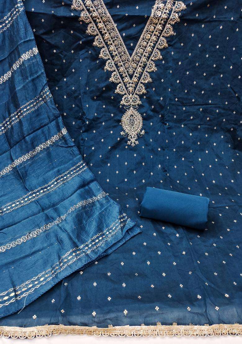 Teal Blue Embroidery Chanderi Salwar Kameez - Indya