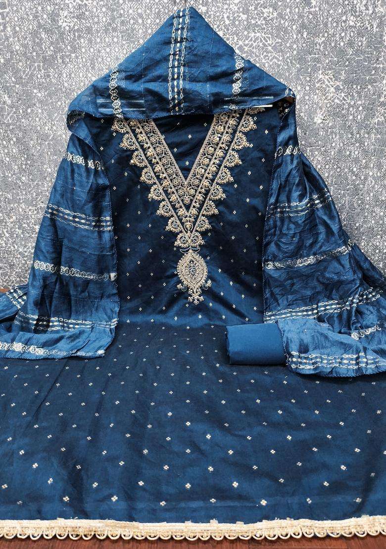 Teal Blue Embroidery Chanderi Salwar Kameez - Indya