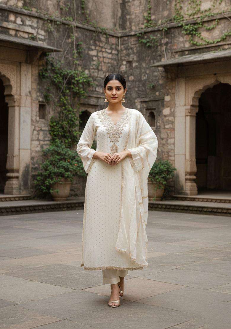 White Embroidery Chanderi Salwar Kameez - Indya