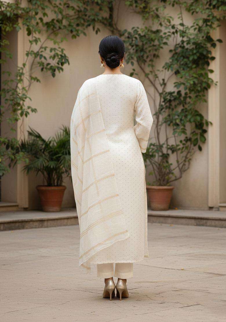 White Embroidery Chanderi Salwar Kameez - Indya