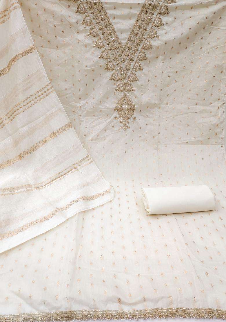 White Embroidery Chanderi Salwar Kameez - Indya