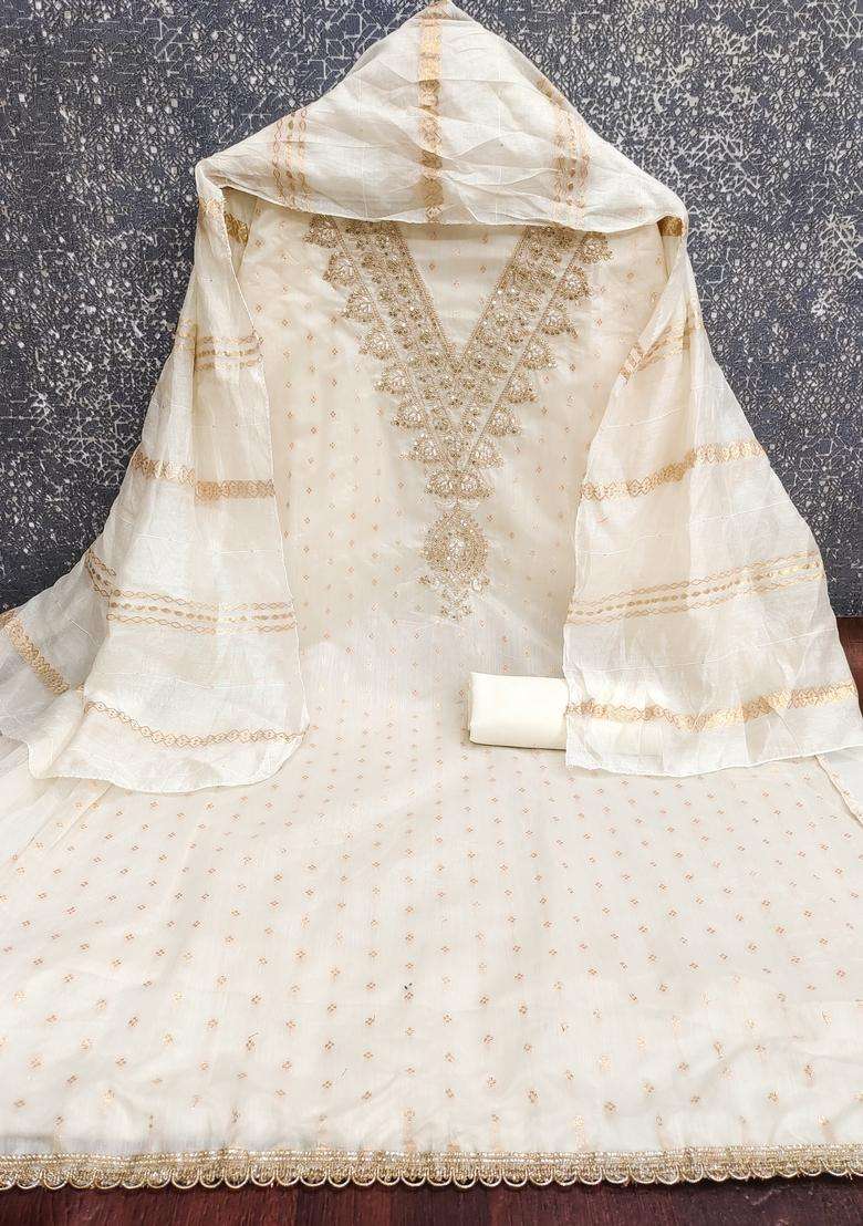 White Embroidery Chanderi Salwar Kameez - Indya