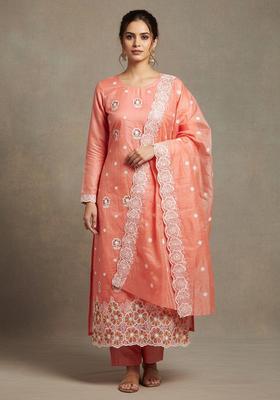 Peach Embroidery Chanderi Salwar Kameez