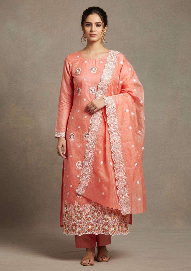 Peach Embroidery Chanderi Salwar Kameez - Indya