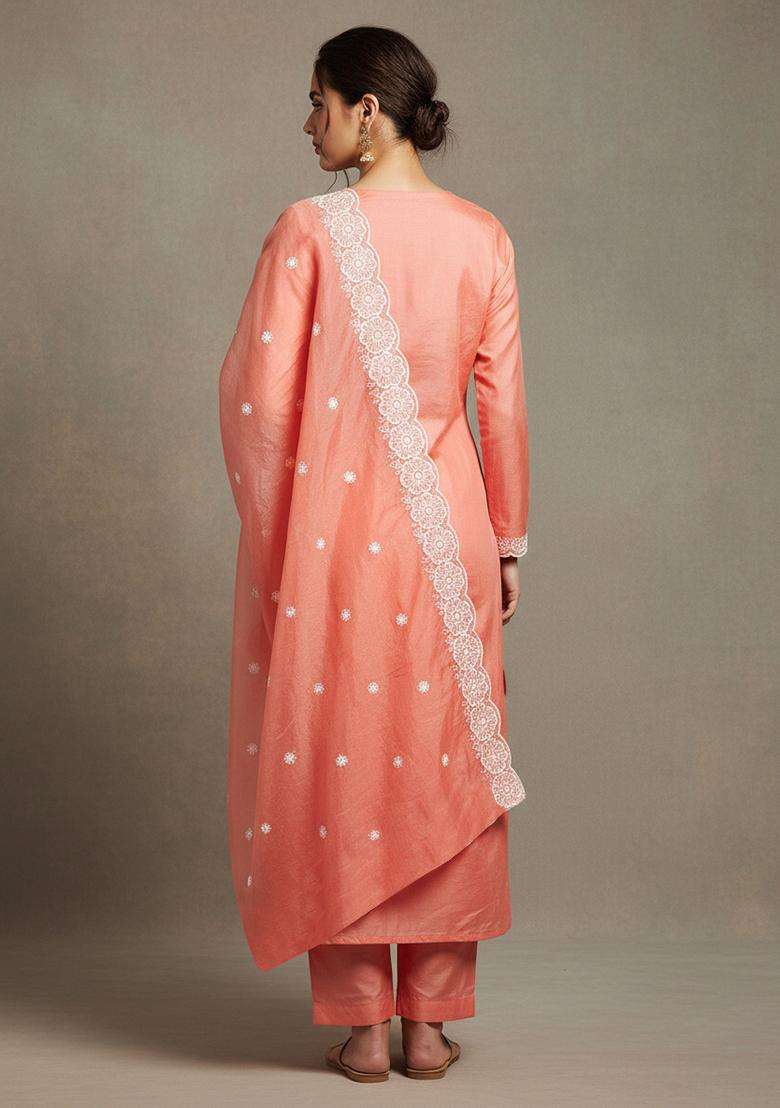 Peach Embroidery Chanderi Salwar Kameez - Indya