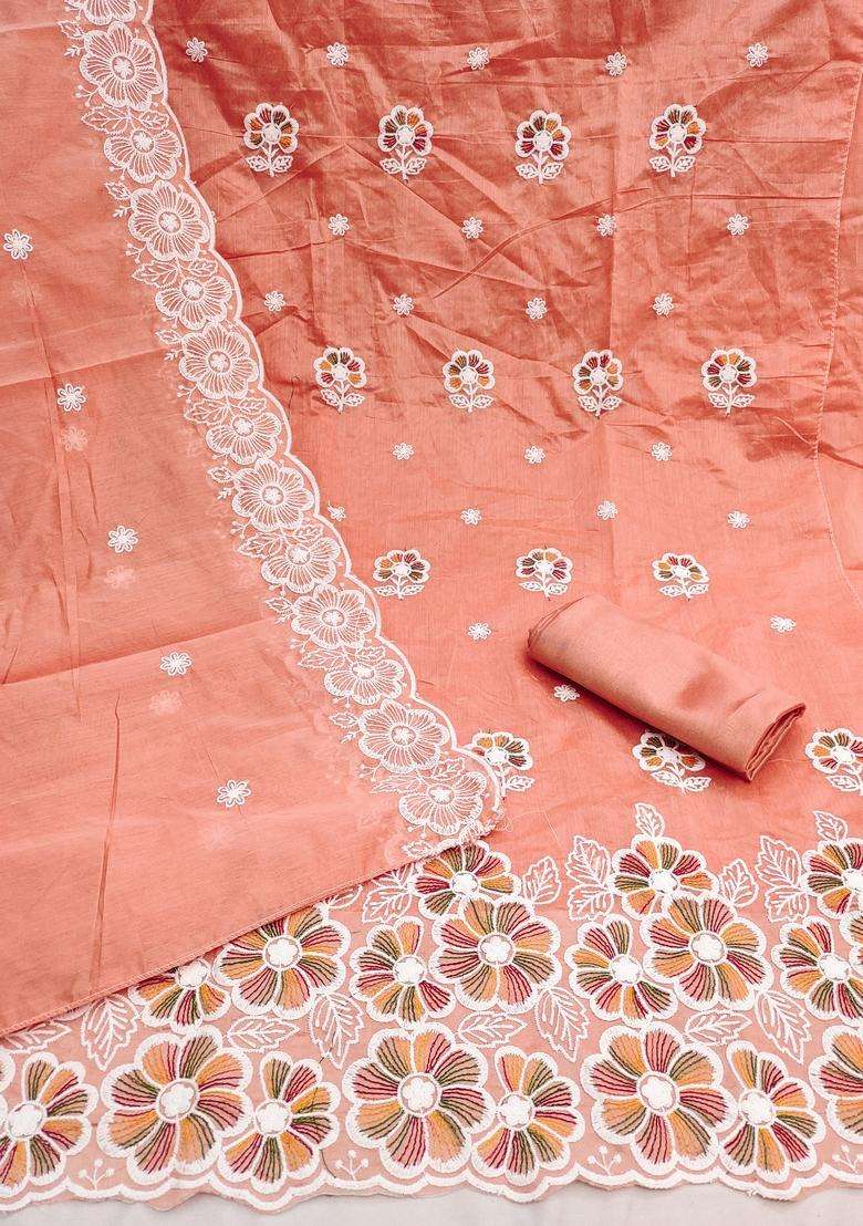 Peach Embroidery Chanderi Salwar Kameez - Indya