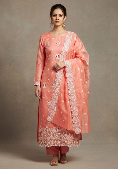 Peach Embroidery Chanderi Salwar Kameez