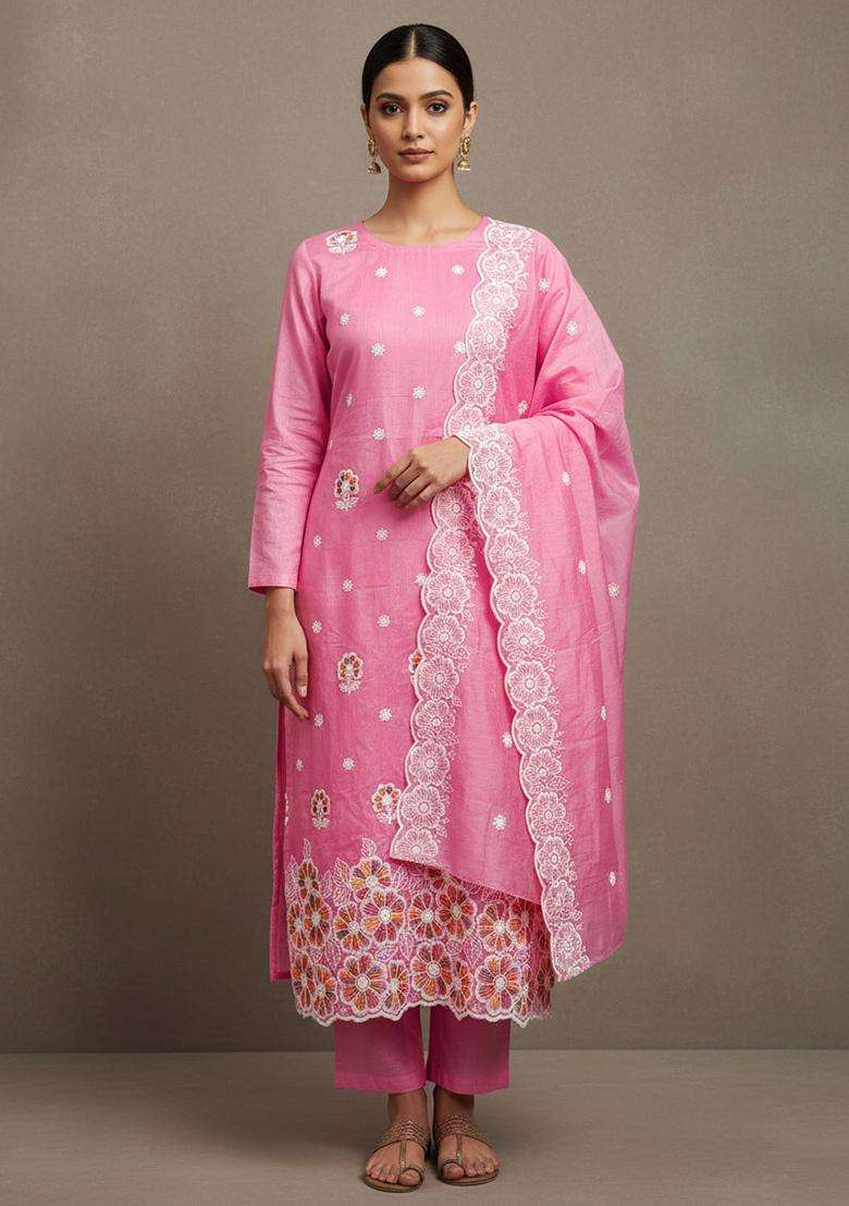 Pink Embroidery Chanderi Salwar Kameez - Indya