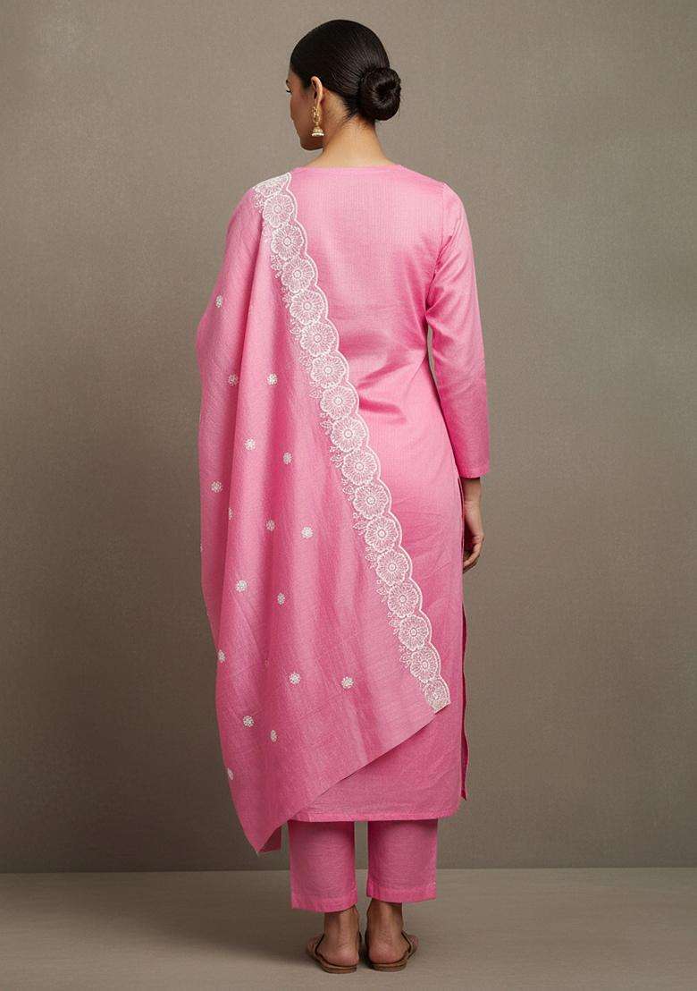 Pink Embroidery Chanderi Salwar Kameez - Indya