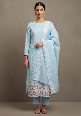 Sky Blue Embroidery Chanderi Salwar Kameez