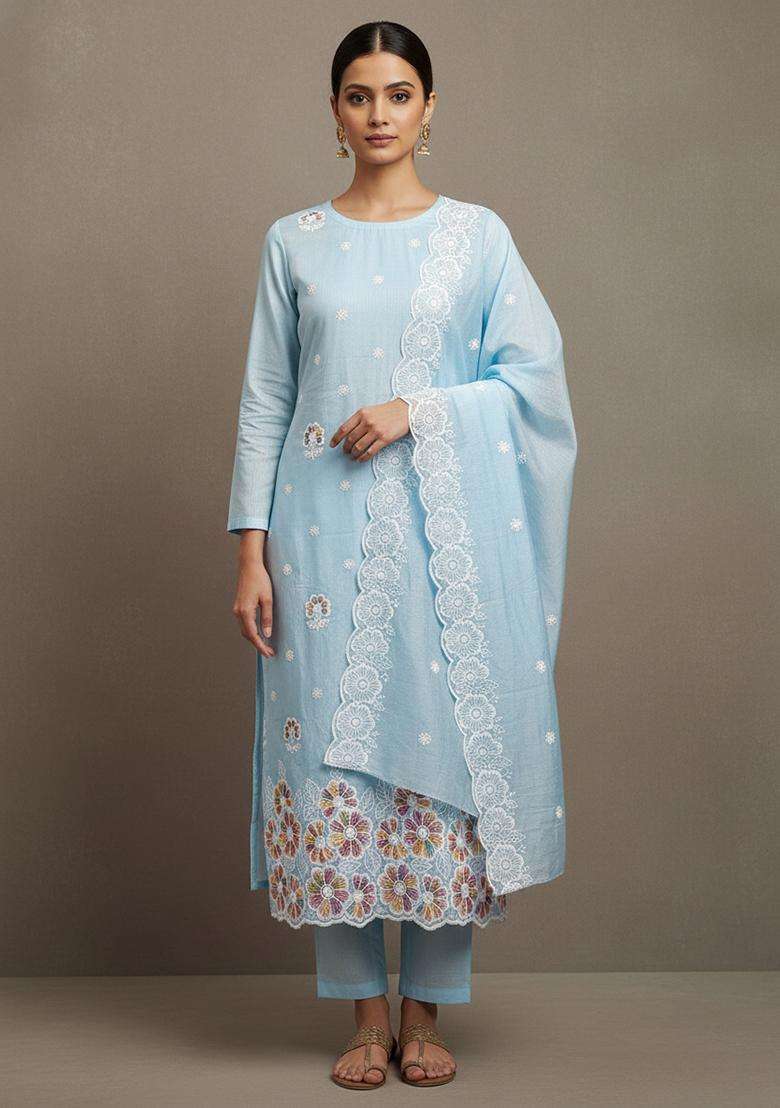Sky Blue Embroidery Chanderi Salwar Kameez - Indya