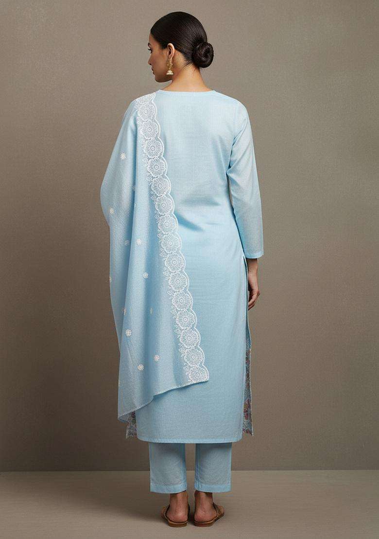 Sky Blue Embroidery Chanderi Salwar Kameez - Indya