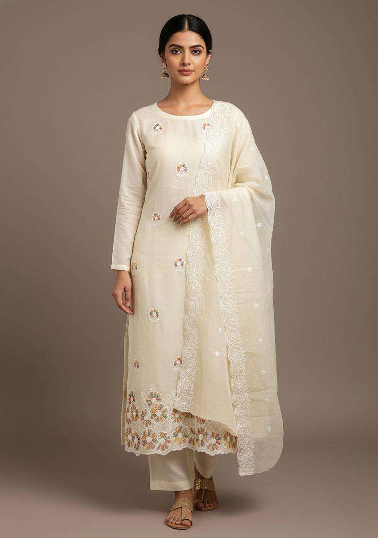 White Embroidery Chanderi Salwar Kameez - Indya