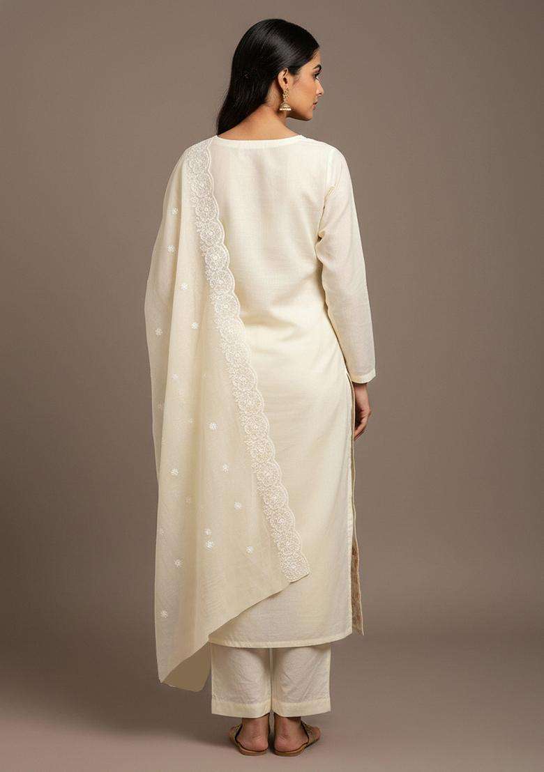 White Embroidery Chanderi Salwar Kameez - Indya