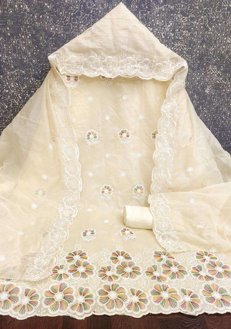 White Embroidery Chanderi Salwar Kameez - Indya
