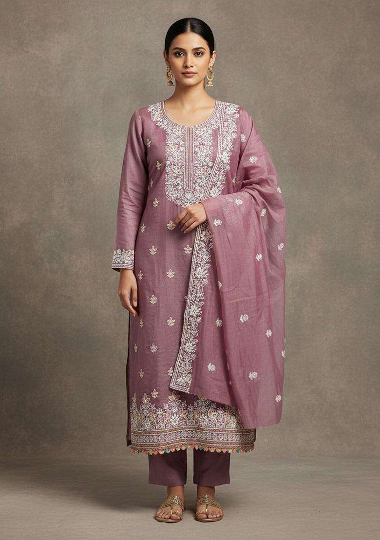 Lavender Embroidery Chanderi Salwar Kameez - Indya