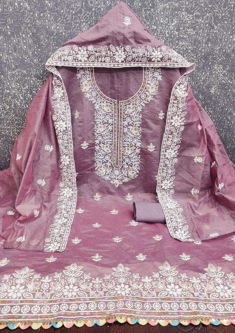 Lavender Embroidery Chanderi Salwar Kameez - Indya