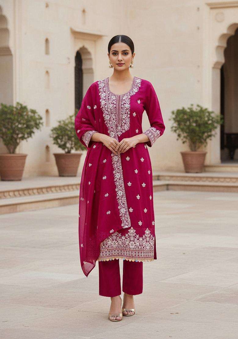 Pink Embroidery Chanderi Salwar Kameez - Indya