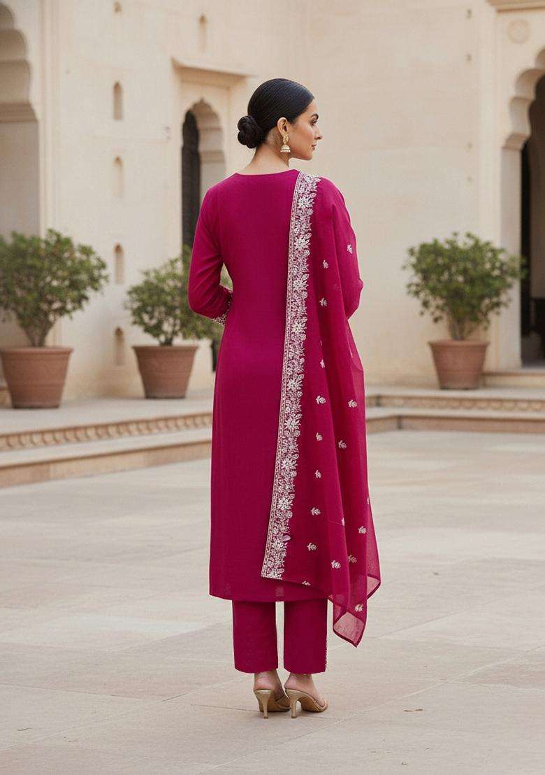 Pink Embroidery Chanderi Salwar Kameez - Indya