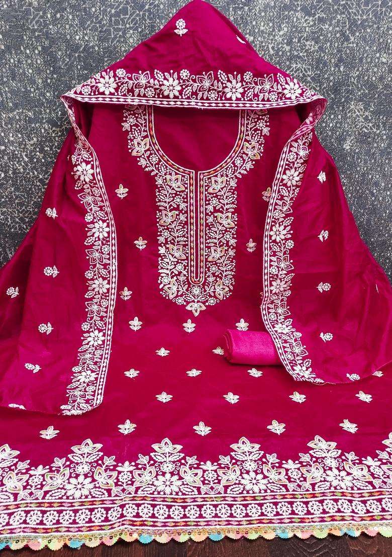 Pink Embroidery Chanderi Salwar Kameez - Indya