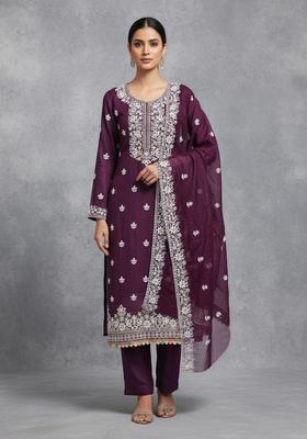Purple Embroidery Chanderi Salwar Kameez