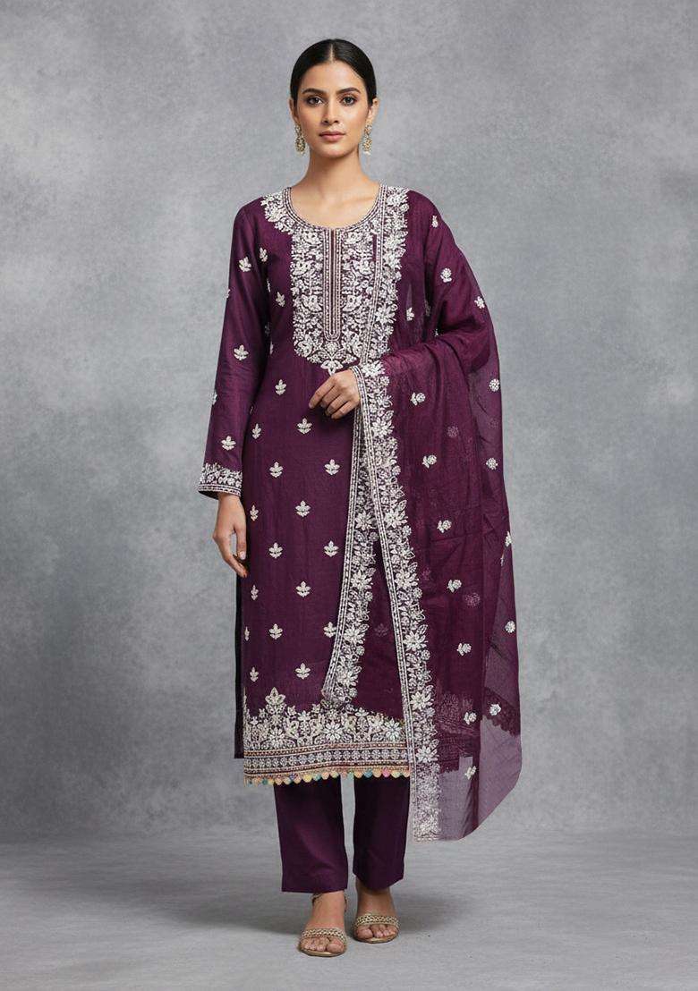 Purple Embroidery Chanderi Salwar Kameez - Indya