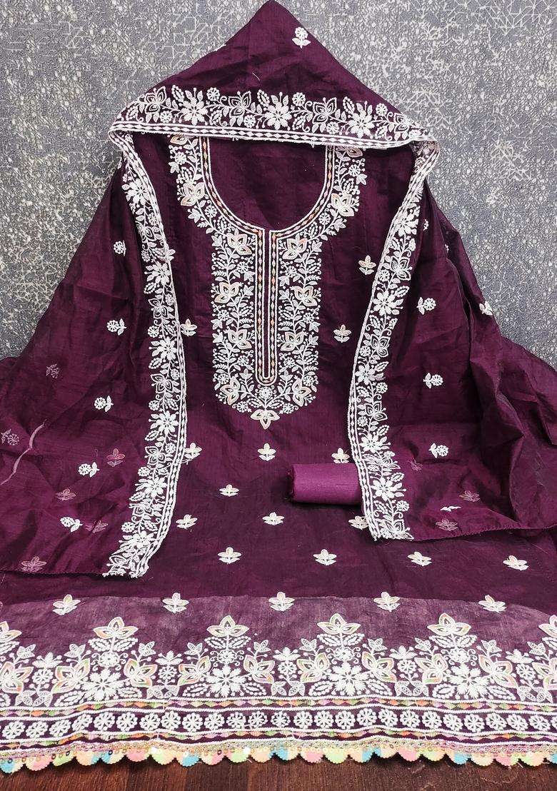 Purple Embroidery Chanderi Salwar Kameez - Indya