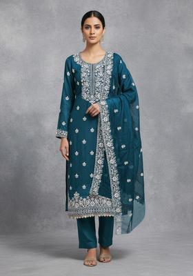 Teal Blue Embroidery Chanderi Salwar Kameez