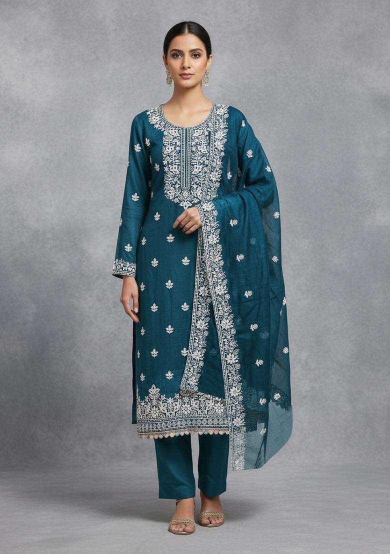 Teal Blue Embroidery Chanderi Salwar Kameez - Indya
