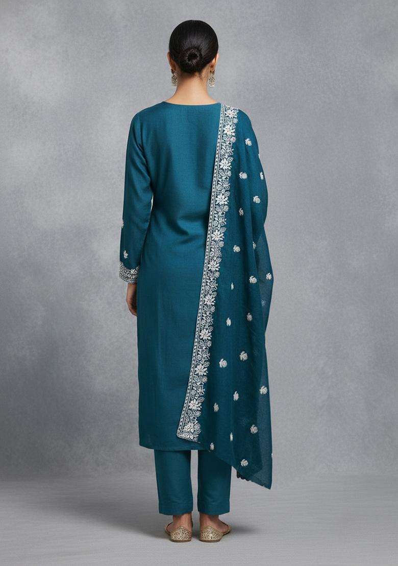 Teal Blue Embroidery Chanderi Salwar Kameez - Indya