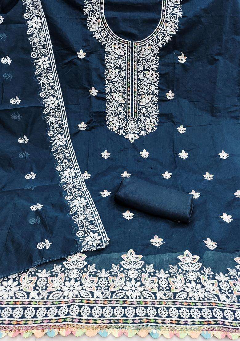 Teal Blue Embroidery Chanderi Salwar Kameez - Indya