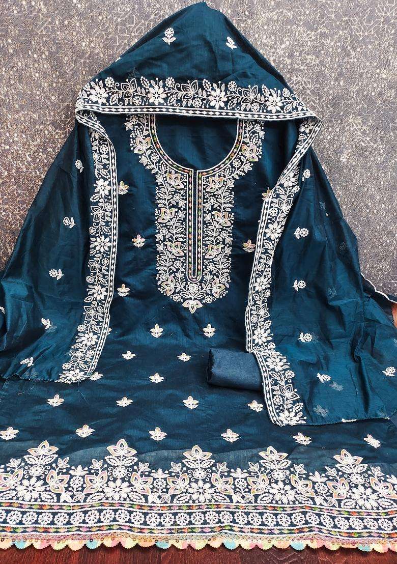 Teal Blue Embroidery Chanderi Salwar Kameez - Indya