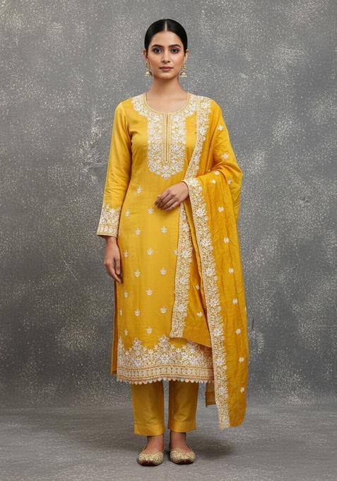Yellow Embroidery Chanderi Salwar Kameez