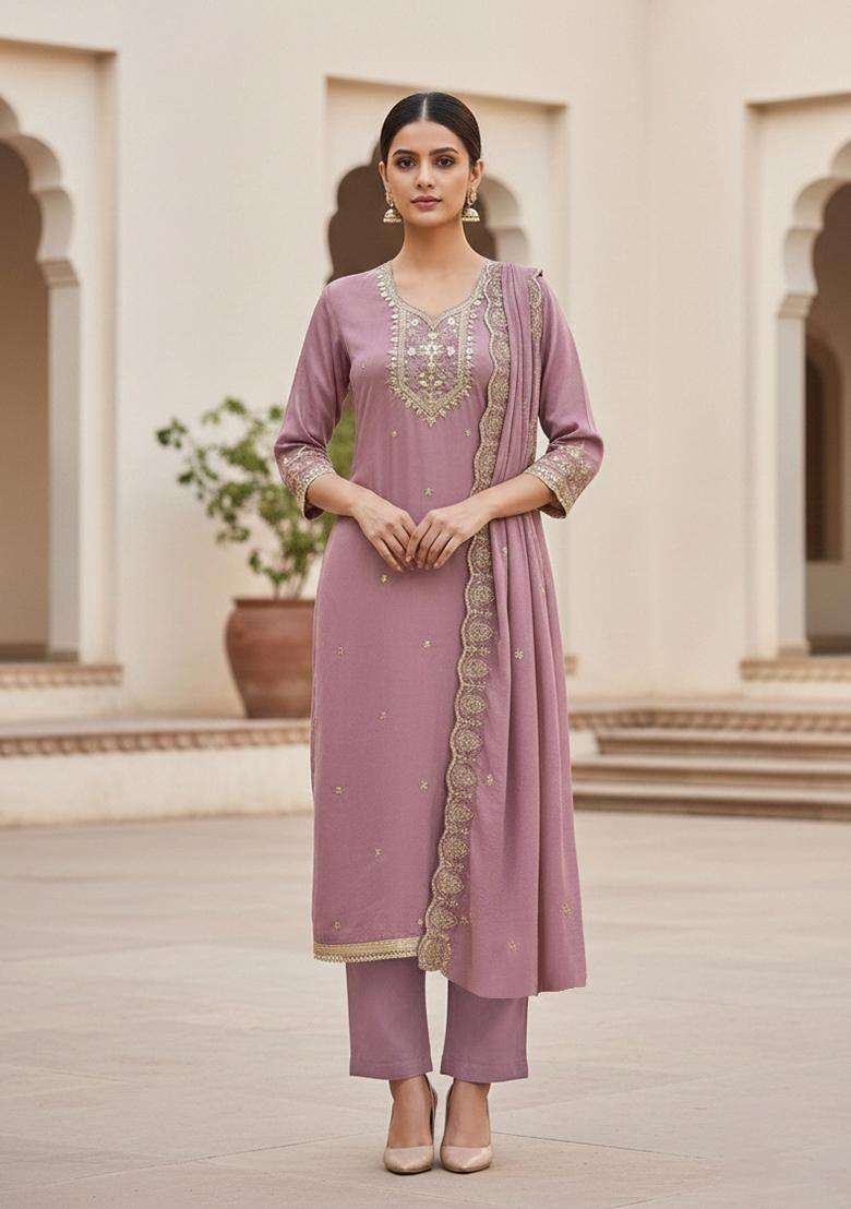 Lavender Embroidery Vichitra Salwar Kameez - Indya