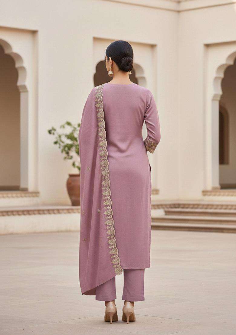 Lavender Embroidery Vichitra Salwar Kameez - Indya