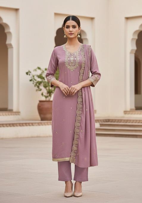 Lavender Embroidery Vichitra Salwar Kameez