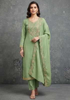 Light Green Embroidery Vichitra Salwar Kameez