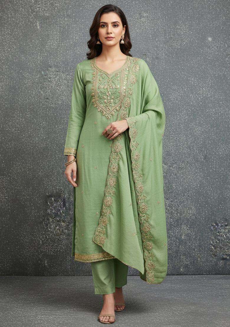 Light Green Embroidery Vichitra Salwar Kameez - Indya
