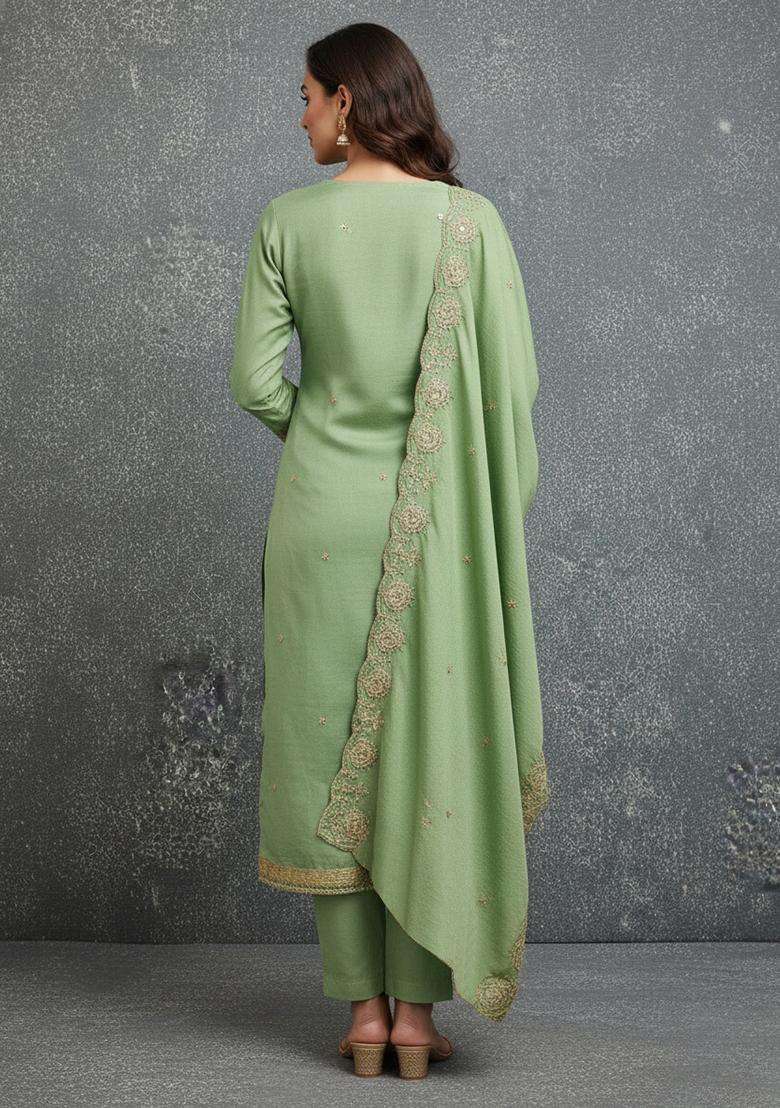 Light Green Embroidery Vichitra Salwar Kameez - Indya