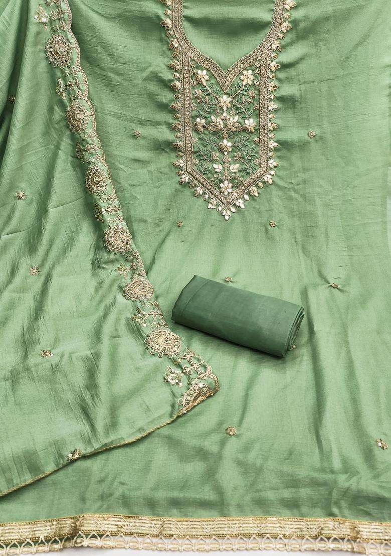Light Green Embroidery Vichitra Salwar Kameez - Indya