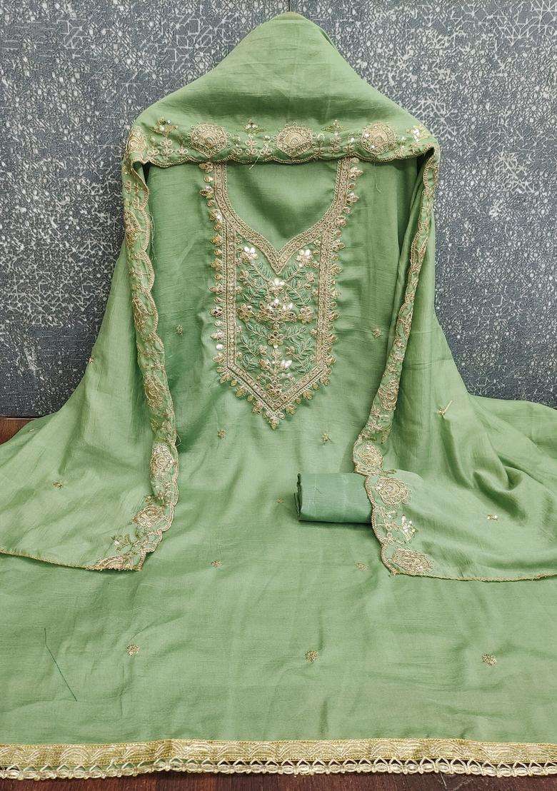 Light Green Embroidery Vichitra Salwar Kameez - Indya
